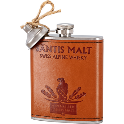 Whisky Flachmann 7oz leer, echtes Leder hellbraun mit Säntis Malt Logo in dunkler Prägung